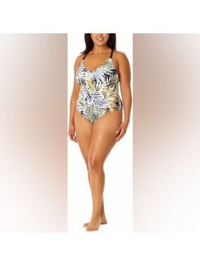Hurley Women’s Tropical Leaf One-Piece Swimsuit - Navy, Olive, Gold XXL